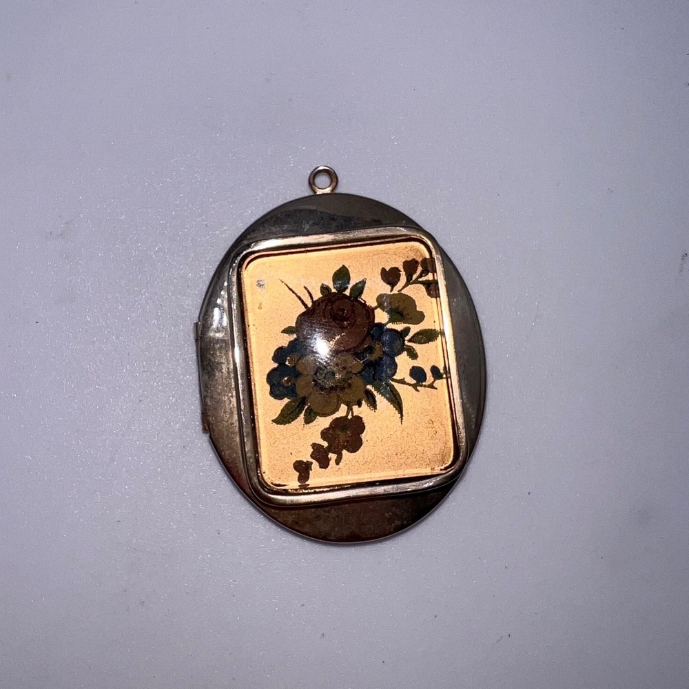 Vintage Gold-Tone Large Oval Locket Enamel Guilloche Floral Pendant 1970s